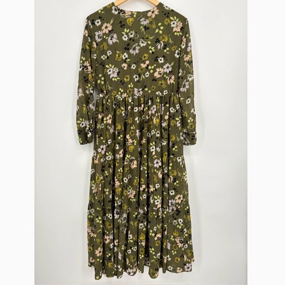 Madewell Cinch-Waist Tiered Midi Dress Sz XS Green Floral Peasant Boho - Picture 5 of 12